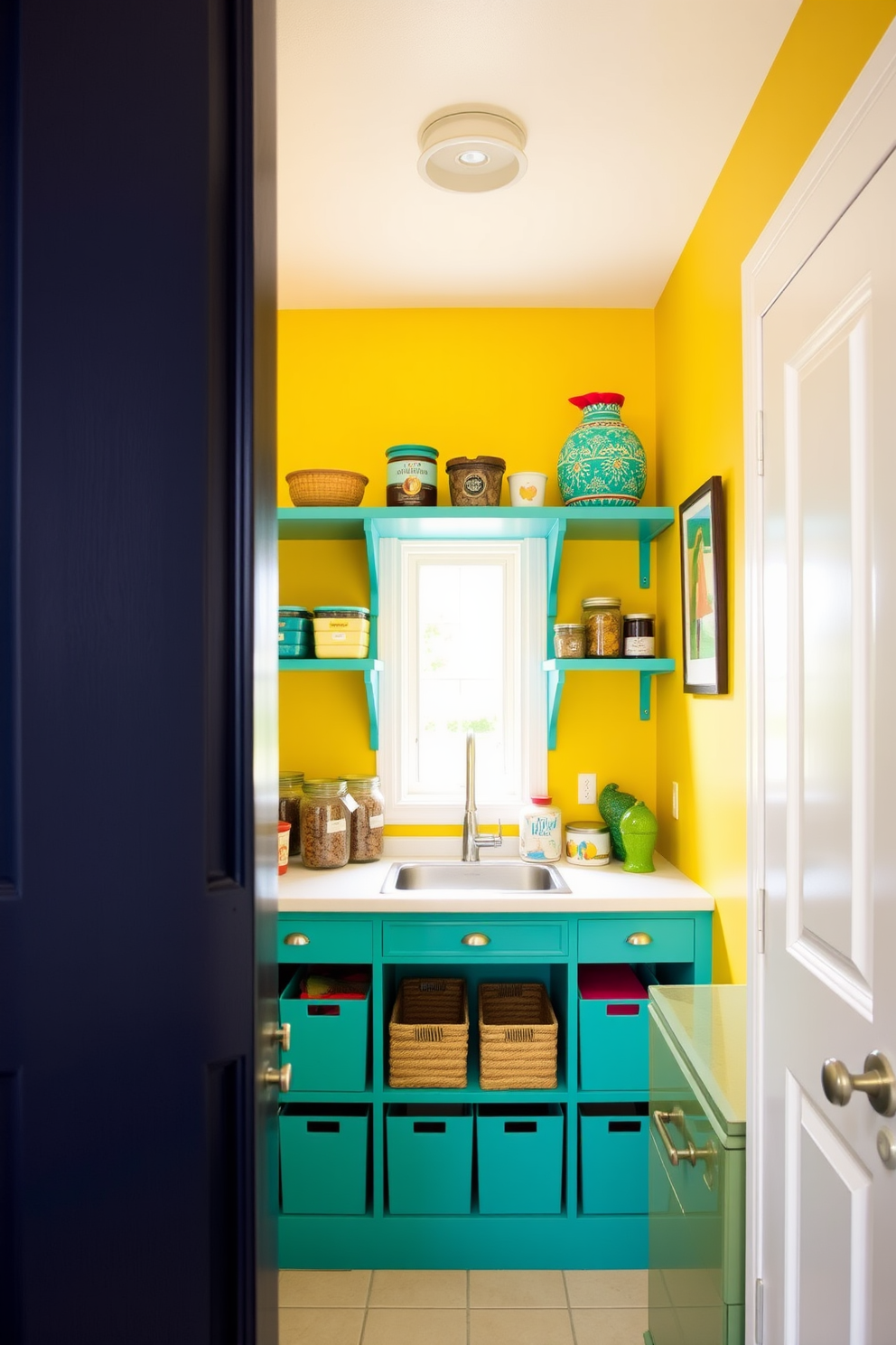 Bright colors to enhance small spaces. The pantry features vibrant yellow walls that create an inviting atmosphere, complemented by open shelving painted in a bold turquoise. A compact layout maximizes storage, with colorful bins and jars neatly organized on the shelves. A small window allows natural light to flood the space, highlighting the playful decor and cheerful accents.