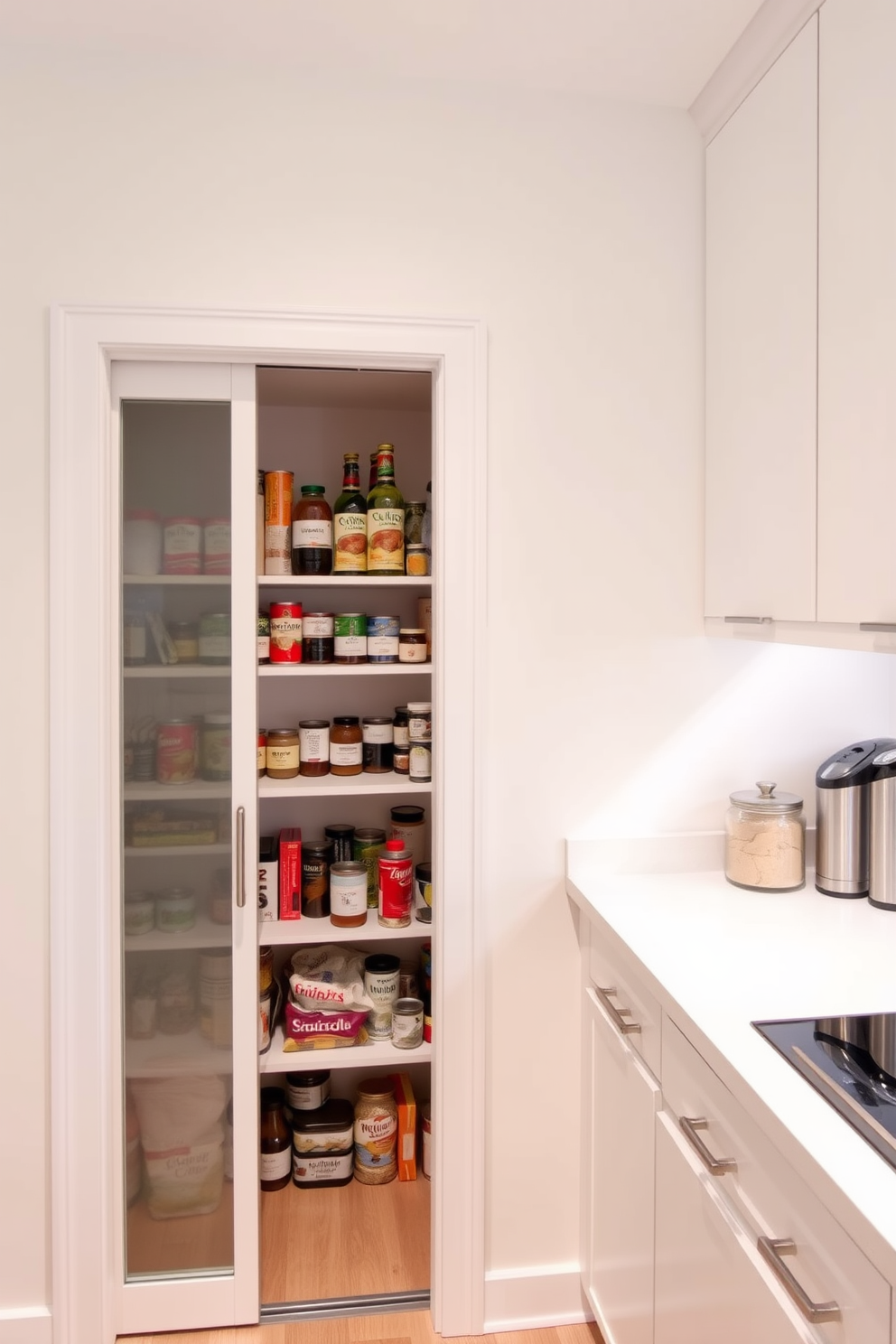 A compact corner pantry featuring a sleek sliding door. The interior is organized with open shelving for easy access to canned goods and dry ingredients. The walls are painted in a light neutral tone to enhance brightness. A small countertop area is included for meal prep and additional storage space.