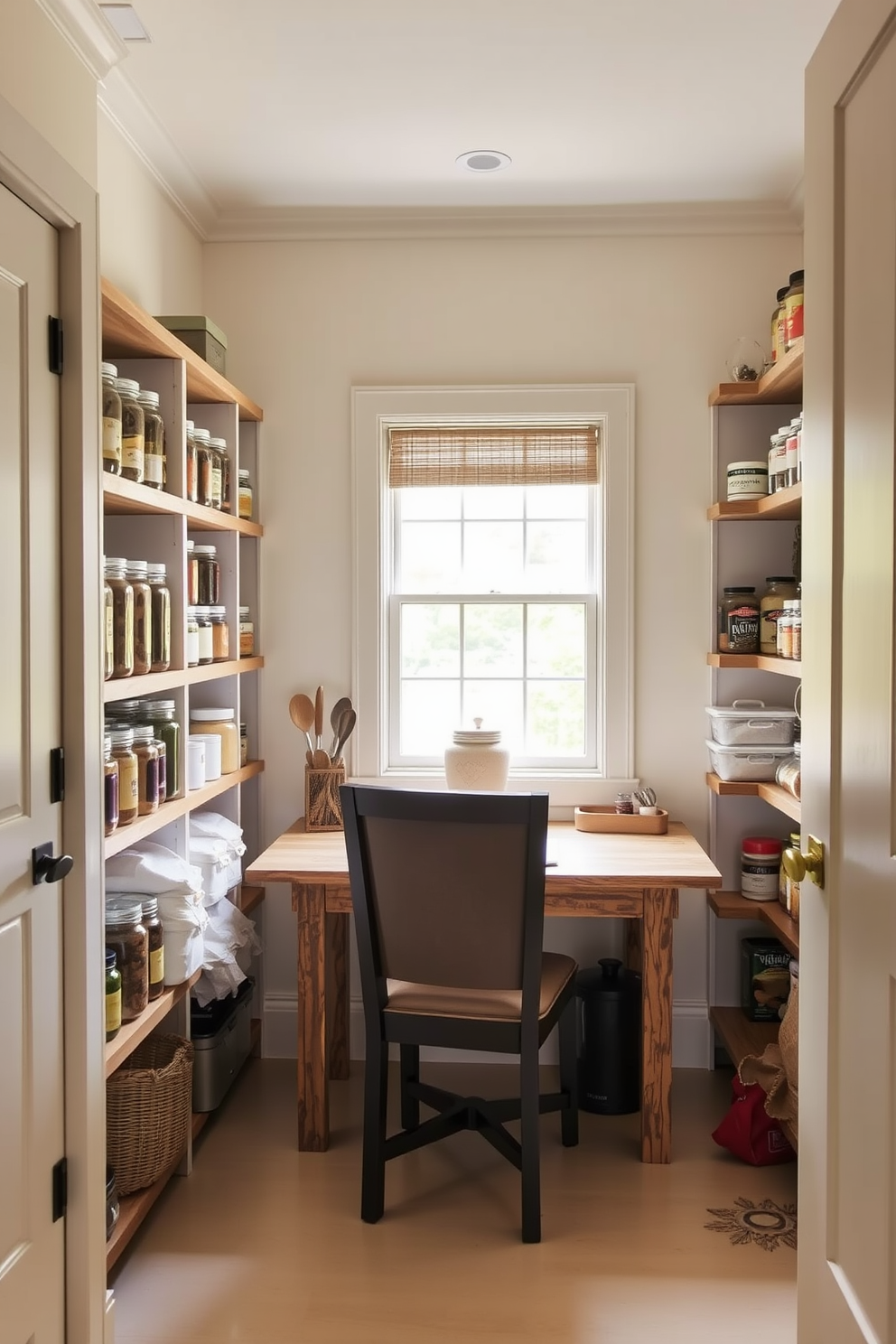 A cozy pantry design featuring a small desk area for planning meals and organizing groceries. The desk is made of reclaimed wood with a comfortable chair, surrounded by shelves filled with jars and containers for easy access to ingredients. The walls are painted in a soft cream color, creating a warm atmosphere. A large window allows natural light to flood the space, illuminating the neatly arranged pantry items.