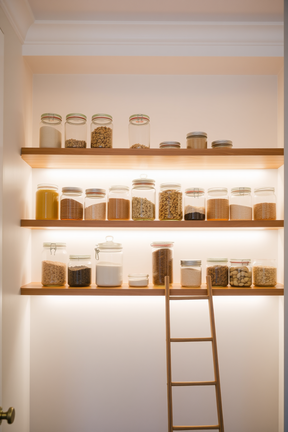 Stylish glass jars filled with various dry goods are neatly arranged on open wooden shelves. The pantry features soft ambient lighting that highlights the jars and creates a warm, inviting atmosphere. The walls are painted in a light neutral color, providing a clean backdrop for the jars. A small wooden ladder leans against the shelves, adding a rustic touch to the overall design.