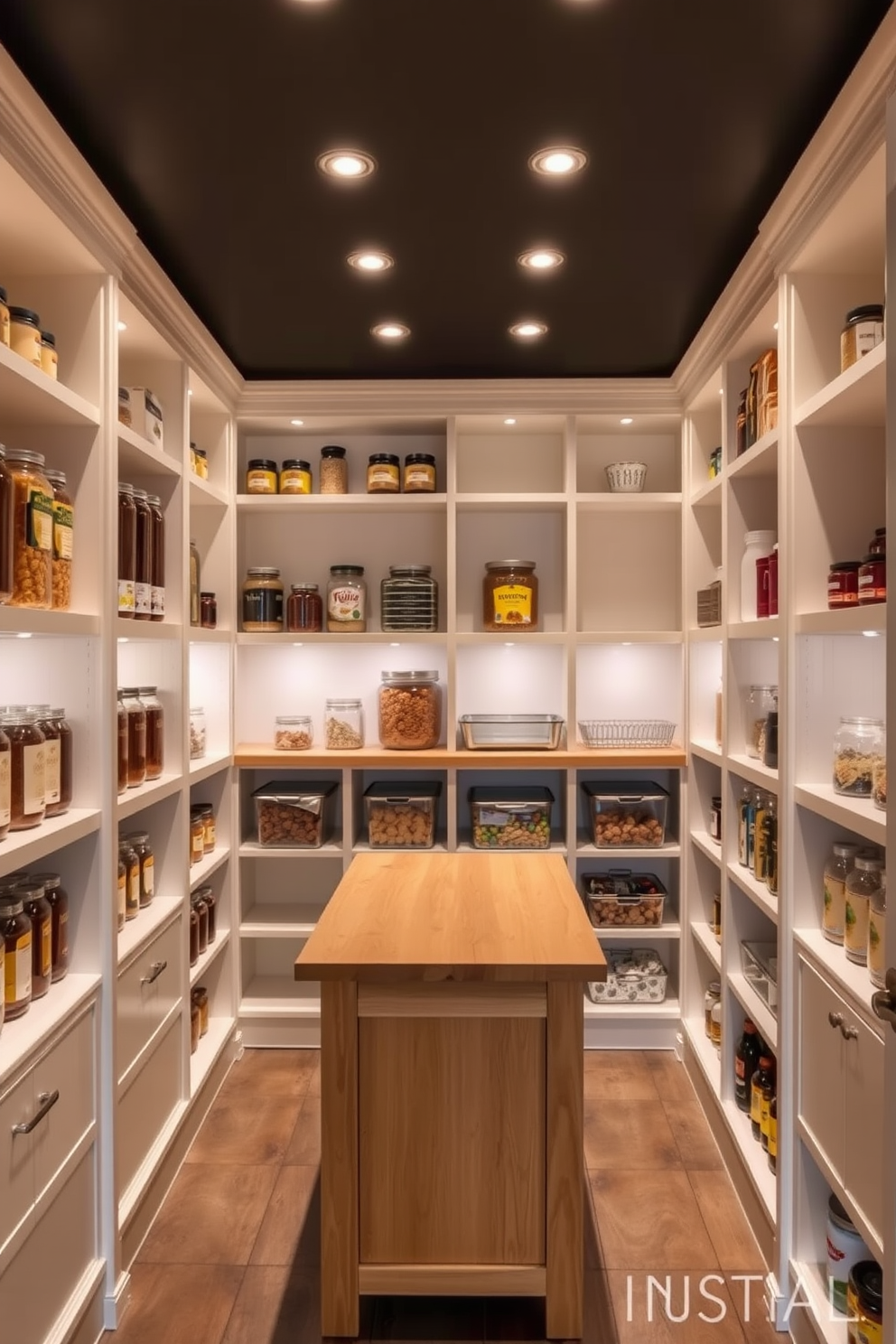 A basement pantry designed with recessed lighting creates a warm and inviting ambiance. The shelves are lined with organized jars and containers, while a small wooden table sits in the center for meal prep and storage.