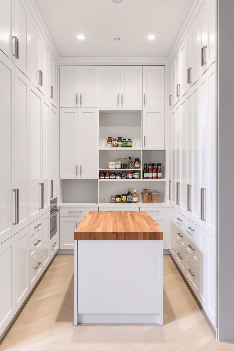 A modern basement pantry featuring vertical storage with tall cabinets that reach the ceiling. The cabinets are finished in a sleek white lacquer with minimalist handles, providing a clean and spacious look. In the center, a large island with a butcher block countertop offers additional prep space and storage underneath. The walls are painted in a soft gray, and open shelving displays neatly arranged jars and spices for easy access.