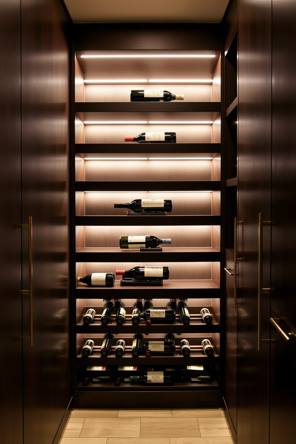 A modern basement pantry featuring a built-in wine rack seamlessly integrated into the cabinetry. The wine rack is illuminated with soft LED lighting, showcasing a curated selection of bottles against a backdrop of sleek, dark wood shelves.