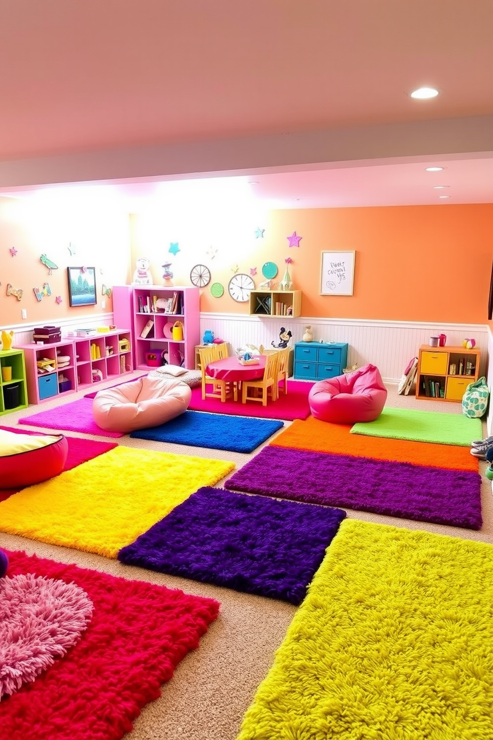 Bright colored rugs add a playful touch to the basement playroom, creating a vibrant atmosphere for children to enjoy. The space features soft, plush rugs in various hues, scattered throughout the room to define play areas and encourage creativity. The walls are painted in cheerful colors, complemented by fun wall decals and artwork. Comfortable seating options, such as bean bags and floor cushions, are arranged around a central play area, inviting kids to relax and engage in imaginative play.