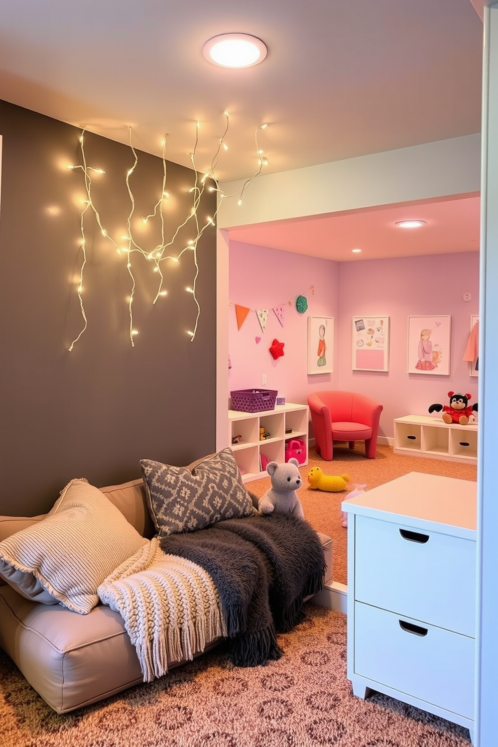 A cozy corner with soft cushions and a plush throw blanket creates an inviting atmosphere. Twinkling fairy lights drape above, casting a warm glow that enhances the space's charm. The basement playroom features a vibrant color palette with playful wall art and interactive play zones. Comfortable seating and storage solutions are integrated seamlessly to maintain a tidy yet fun environment.