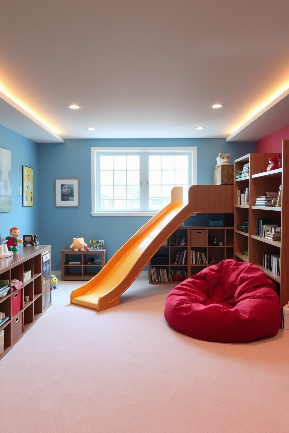 A modern basement playroom featuring a slide integrated into the play area. The walls are painted in bright colors, and soft foam flooring provides a safe and comfortable surface for children to play. In one corner, there are shelves filled with toys and books, while a cozy reading nook with bean bags invites relaxation. Large windows allow natural light to flood the space, creating an inviting atmosphere for play and creativity.