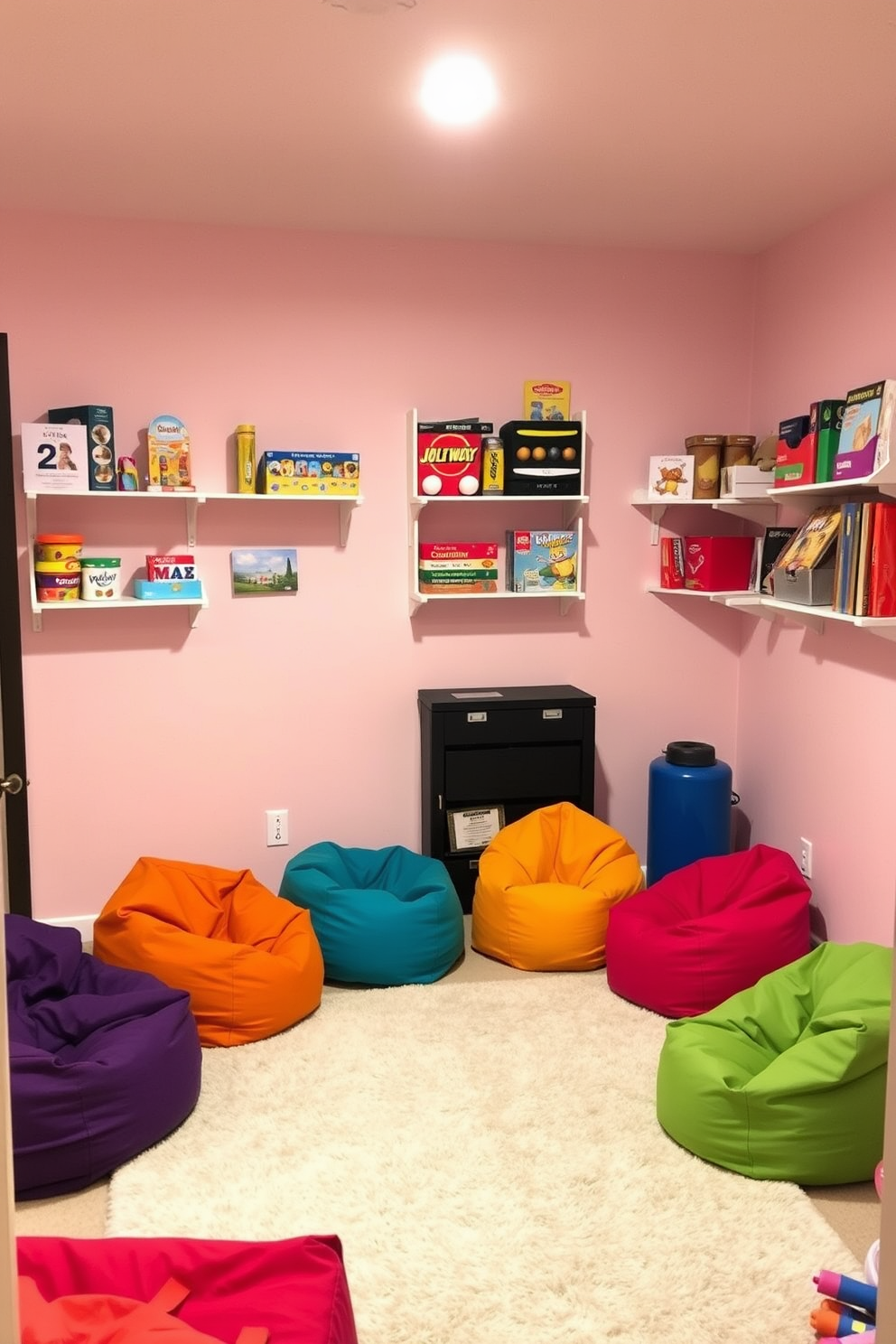 A cozy basement playroom featuring wall-mounted shelves for easy access to toys and games. The walls are painted in a soft pastel color, creating a warm and inviting atmosphere. In the center, a plush area rug provides a comfortable play space for children. Brightly colored bean bags are scattered around, encouraging casual seating and relaxation.