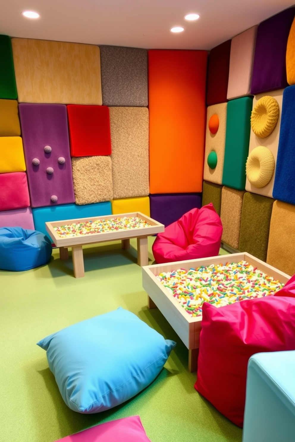 A vibrant sensory play area filled with various textures and colors. Soft foam mats cover the floor, while walls are adorned with interactive panels featuring different materials like velvet, sandpaper, and rubber. In one corner, a large sensory table is filled with colorful rice and water beads for tactile exploration. Plush bean bags in bright hues provide comfortable seating for children to relax and engage in creative play.