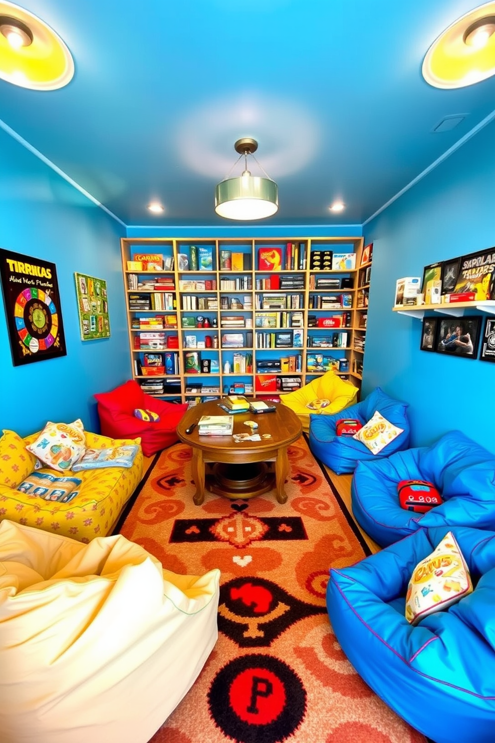 A vibrant game zone filled with a variety of board games and comfortable seating. The walls are painted in a cheerful blue, and colorful bean bags are scattered around a large wooden table. Soft lighting fixtures create a cozy atmosphere, while shelves filled with games and puzzles line the walls. A large rug with a playful pattern anchors the space, inviting friends and family to gather and enjoy game nights together.