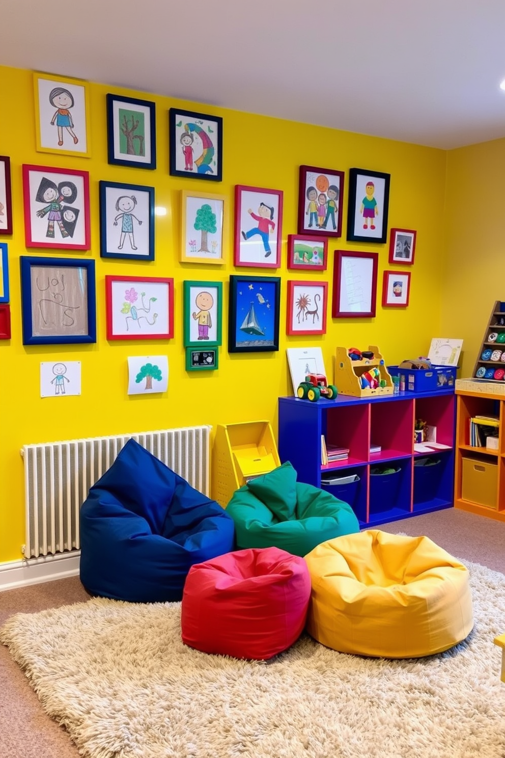 A vibrant art display wall showcasing children's creations. The wall is painted in a cheerful yellow, adorned with colorful frames holding various artworks. In the basement playroom, a cozy seating area features a plush rug and bean bags for comfort. Brightly colored shelves store toys and books, creating an inviting space for creativity and play.