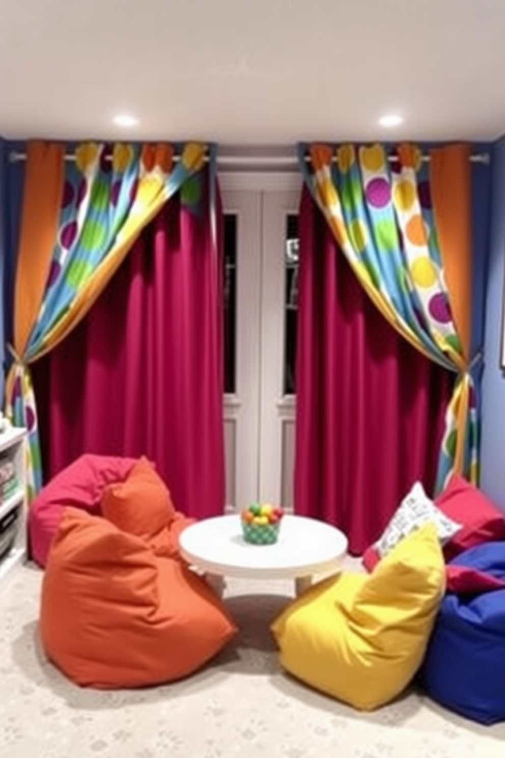 A vibrant playroom with colorful curtains that add warmth and character to the space. The curtains are made of a playful fabric featuring bright patterns that complement the cheerful decor of the room. The basement playroom is designed with soft, durable flooring suitable for children. Cozy seating areas with bean bags and a small table create an inviting atmosphere for play and creativity.