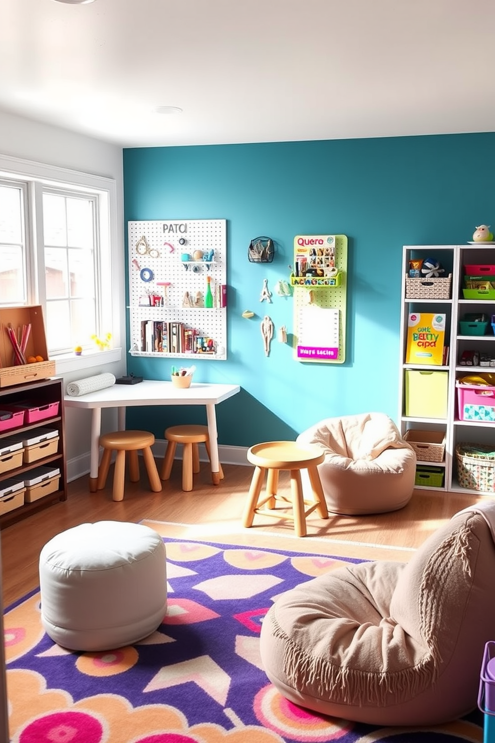 A bright and inviting DIY craft table is set up against a wall adorned with colorful pegboards for easy organization of supplies. The table is surrounded by comfortable stools, and natural light floods the space through a large window, enhancing the creative atmosphere. The basement playroom features a cozy seating area with plush bean bags and a vibrant rug that adds warmth to the room. Walls are painted in cheerful colors, and shelves are filled with games and toys, creating a playful and engaging environment for children.