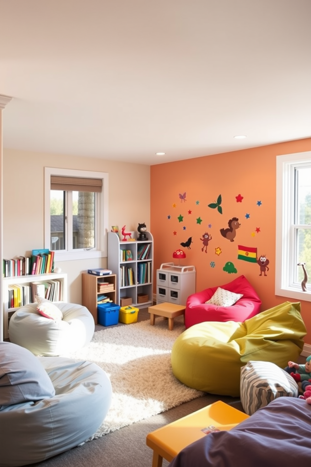 Cozy reading nook with bean bags. Soft lighting creates a warm atmosphere while a large window allows natural light to fill the space. The walls are painted in a calming pastel color, and a plush area rug adds comfort underfoot. A small bookshelf filled with colorful books is positioned nearby, inviting relaxation and escape into different worlds. Basement playroom design ideas. Brightly colored walls energize the space, and fun wall decals feature playful characters and themes. A variety of activity zones are created, including a craft corner with a table and supplies, a play area with soft mats, and a reading nook with bean bags. Storage solutions are incorporated to keep toys organized and accessible, ensuring a clutter-free environment.