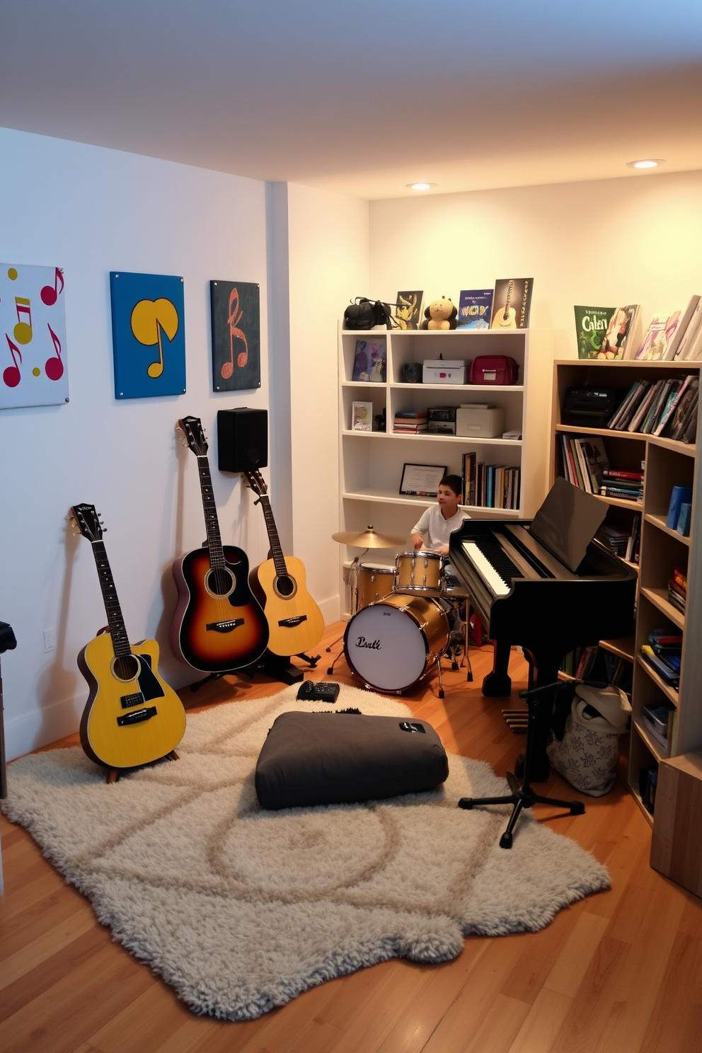 A cozy musical instruments corner designed for exploration. The space features a variety of instruments including a grand piano, a guitar stand, and a set of drums, all arranged invitingly. The walls are adorned with colorful music-themed artwork to inspire creativity. Soft lighting illuminates the area, creating a warm and inviting atmosphere for children to play and learn. A plush rug covers the floor, providing a comfortable area for sitting and engaging with the instruments. Shelves filled with music books and accessories are easily accessible, encouraging exploration and discovery.