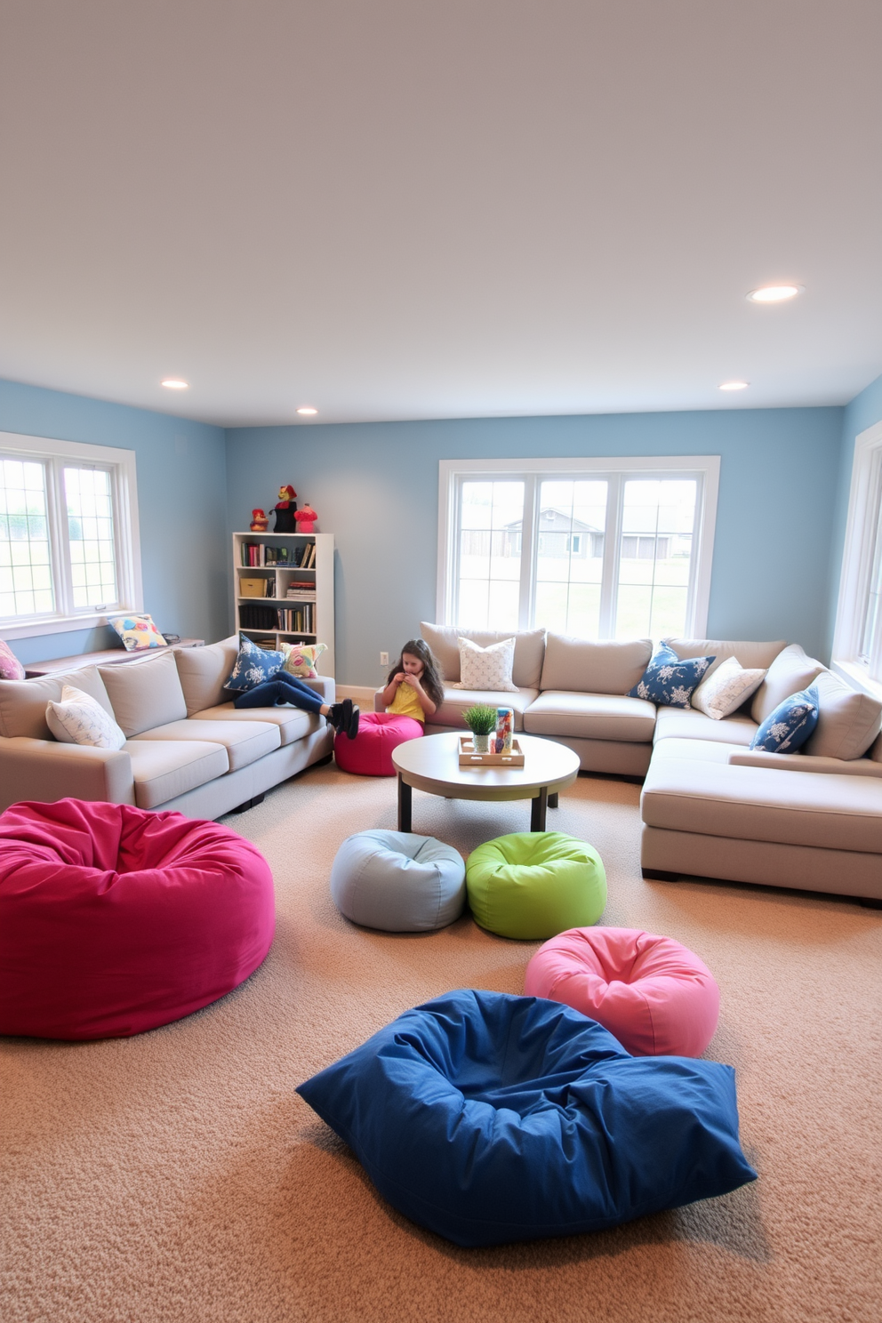 Soft seating for group activities creates a cozy and inviting atmosphere in a basement playroom. Plush sectional sofas in neutral tones are arranged around a large coffee table, providing ample space for relaxation and conversation. Colorful bean bags and oversized floor cushions are scattered around the room, encouraging playful interactions. The walls are painted in a cheerful light blue, and large windows allow natural light to flood the space, enhancing the playful vibe.