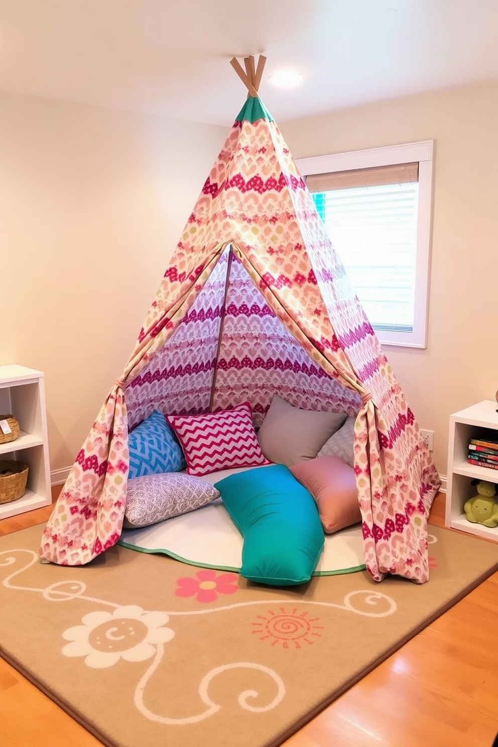 A cozy play tent is set up in the corner of a bright basement playroom. The tent is adorned with colorful patterns and filled with plush cushions for comfort and creativity. The walls of the playroom are painted in a soft pastel color, creating a cheerful atmosphere. A large rug with playful designs covers the floor, providing a soft area for children to sit and play.