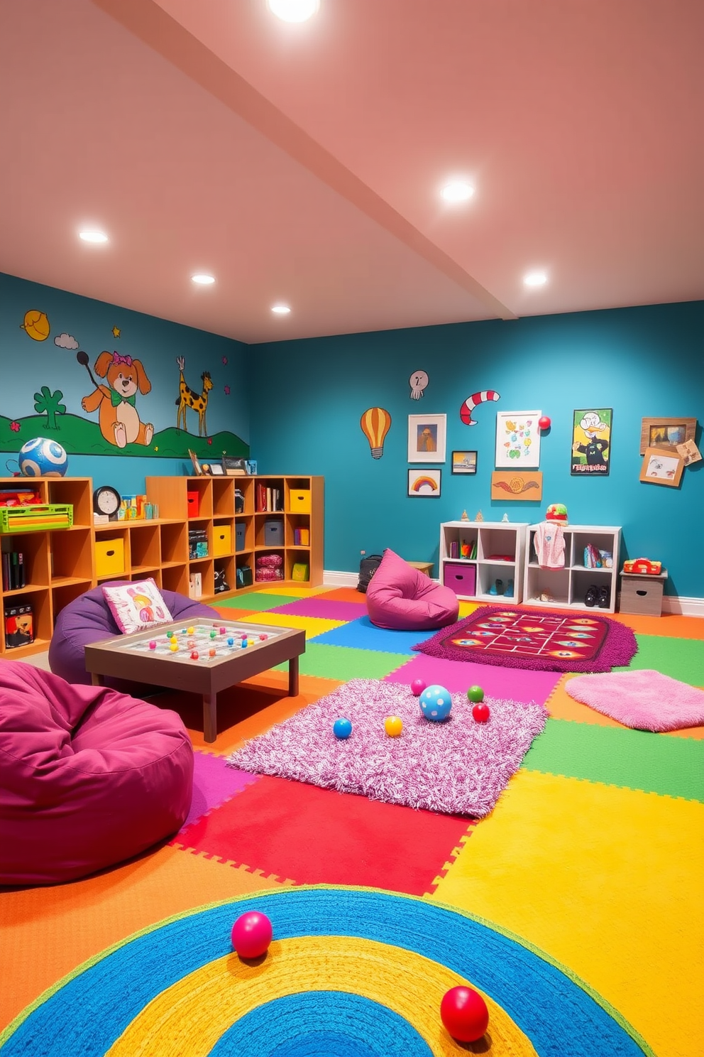 A vibrant basement playroom designed for interactive floor games. The space features colorful, cushioned flooring that invites play and movement, with ample room for various game setups. Brightly painted walls showcase playful murals and storage solutions for toys and games. Comfortable seating areas with bean bags and soft rugs create a cozy atmosphere for relaxation between activities.