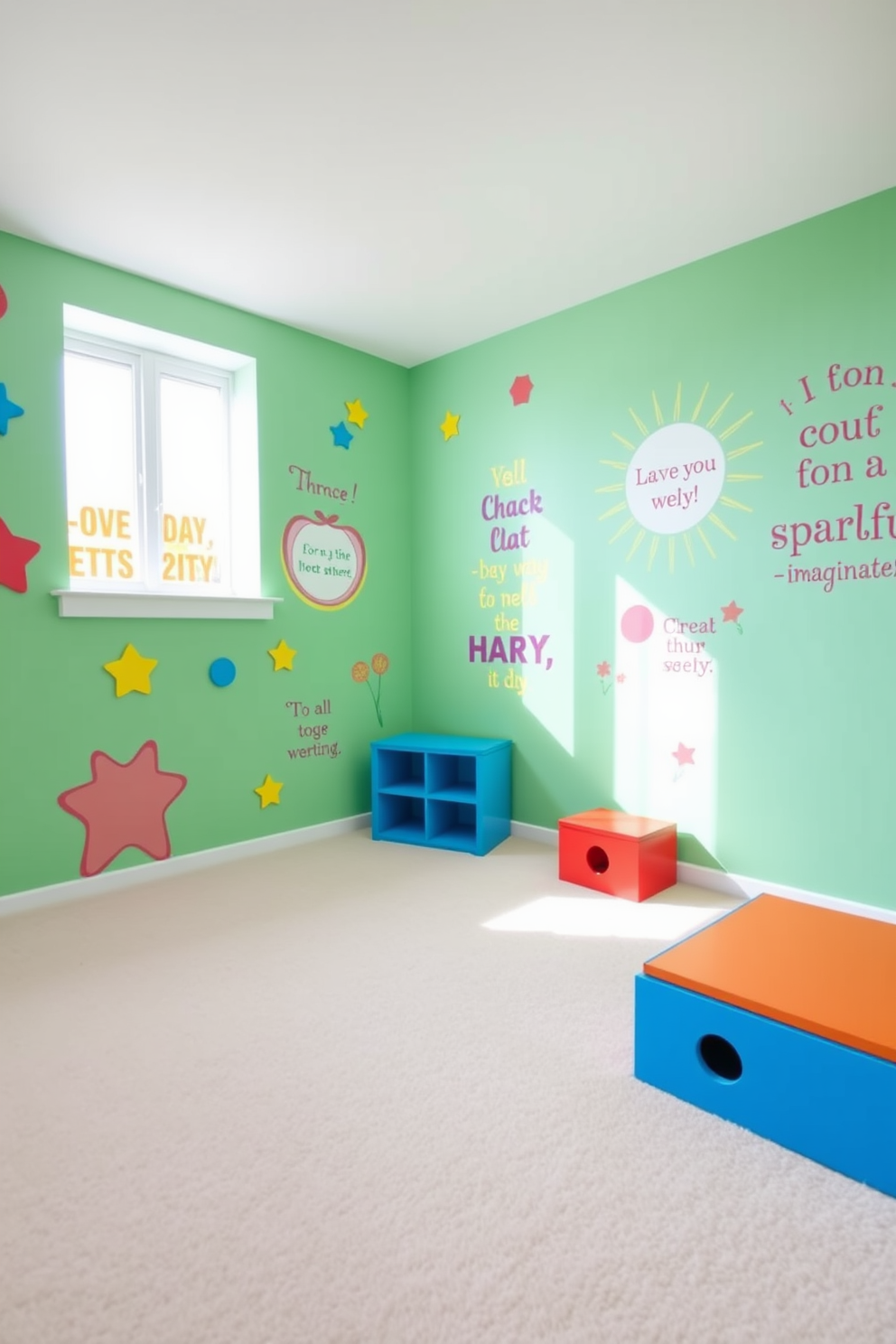 Bright wall decals in vibrant colors adorn the walls, featuring playful shapes and inspirational quotes that spark creativity. The flooring is a soft, durable carpet in a light shade, providing a cozy atmosphere for play and imagination.