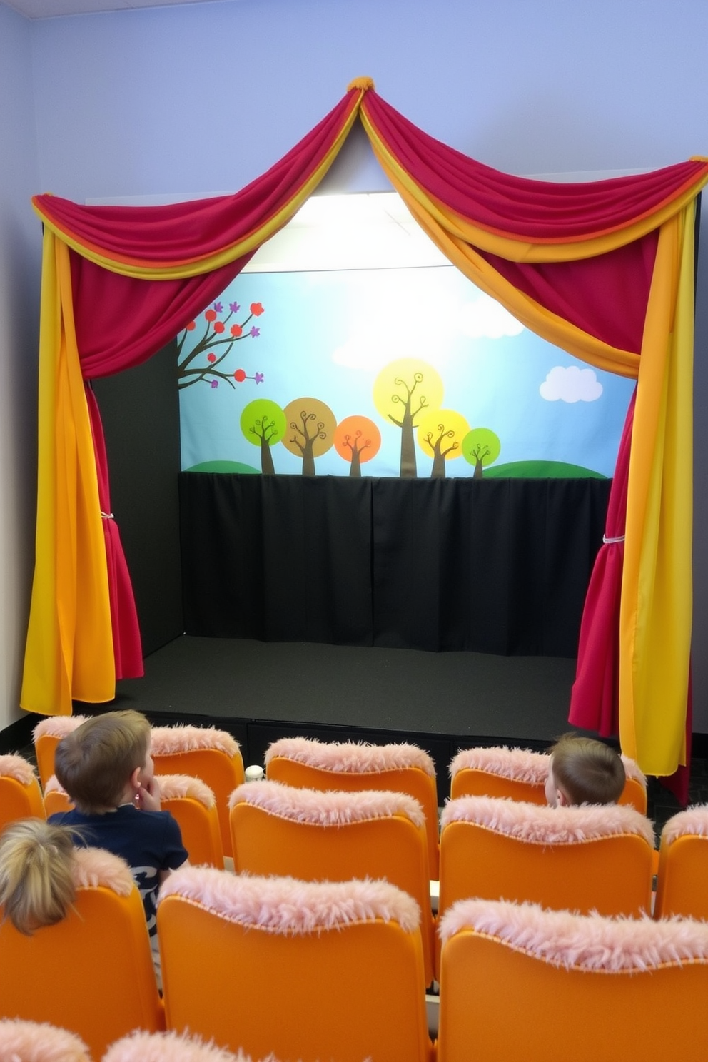 A whimsical miniature stage designed for children's performances and plays. The backdrop features colorful scenery with hand-painted trees and a bright blue sky, creating an inviting atmosphere. The stage is surrounded by soft, plush seating for young audience members, ensuring comfort during shows. Brightly colored curtains frame the stage, adding a playful touch to the overall design.