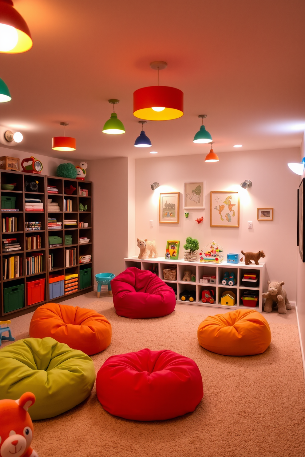 A warm and inviting basement playroom filled with soft, kid-friendly lighting. The space features a mix of colorful pendant lights and wall sconces that create a cozy atmosphere for children to play and explore. Brightly colored bean bags and plush rugs are scattered across the floor, providing comfortable seating for little ones. The walls are adorned with playful artwork, while a large bookshelf filled with toys and books adds a touch of whimsy to the design.