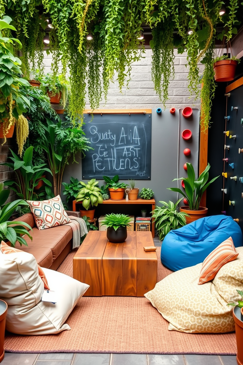 Outdoor themed decor for nature lovers. Imagine a cozy seating area with a reclaimed wood coffee table surrounded by lush potted plants and hanging ferns. Basement playroom design ideas. Picture a vibrant space filled with colorful bean bags, a chalkboard wall, and a climbing wall, with soft lighting that creates a warm and inviting atmosphere.