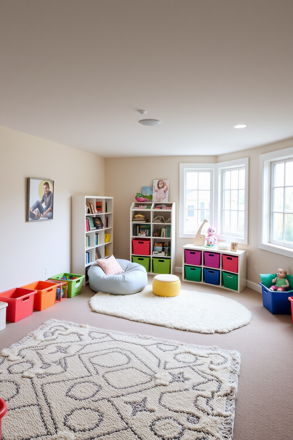 A serene basement playroom designed for relaxation and creativity. The walls are painted in soft pastel shades, complemented by plush area rugs that add warmth and comfort. In one corner, a cozy reading nook features a bean bag chair and a small bookshelf filled with children's books. Brightly colored storage bins neatly organize toys, while large windows allow natural light to fill the space.