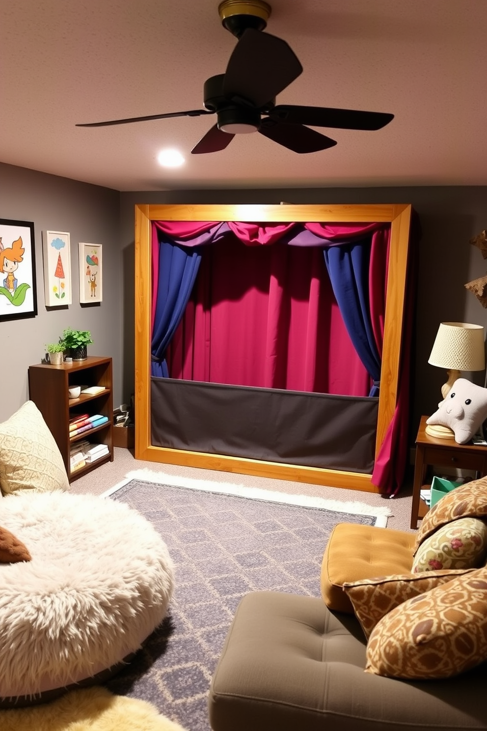 A cozy basement playroom designed for storytelling fun features a DIY puppet theater made from colorful fabric and wooden frames. The space is filled with plush seating, soft rugs, and playful wall art to inspire creativity and imagination.