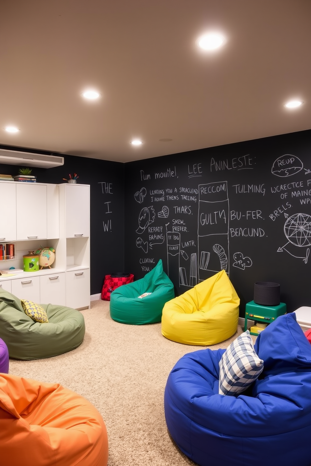 A playful basement playroom featuring an interactive wall coated in chalkboard paint. The space is filled with colorful bean bags and a cozy reading nook, creating an inviting atmosphere for creativity and fun.