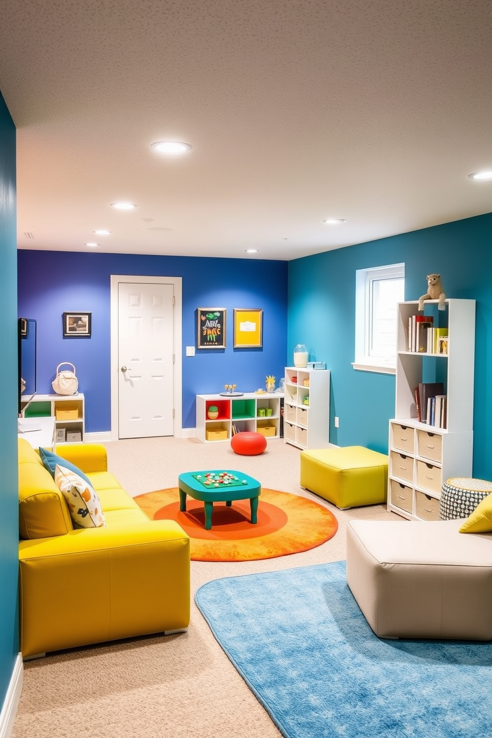 A versatile basement playroom designed for various activities. The space features modular furniture that can be easily reconfigured, allowing for both play and relaxation. Bright and cheerful colors adorn the walls, creating an inviting atmosphere. Soft area rugs define different zones for games, reading, and creative projects.