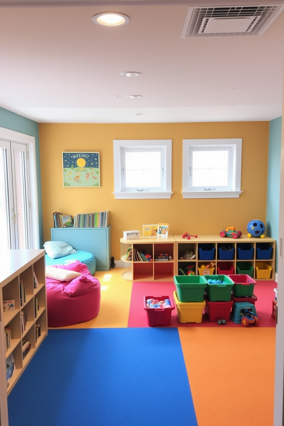 A vibrant basement playroom filled with soft foam flooring in bright colors for safety and comfort. The space features a cozy reading nook with plush bean bags and a low bookshelf filled with children's books. Interactive play zones are set up with colorful storage bins for toys and games, encouraging organization and creativity. Large windows allow natural light to flood the room, creating an inviting atmosphere for play and learning.