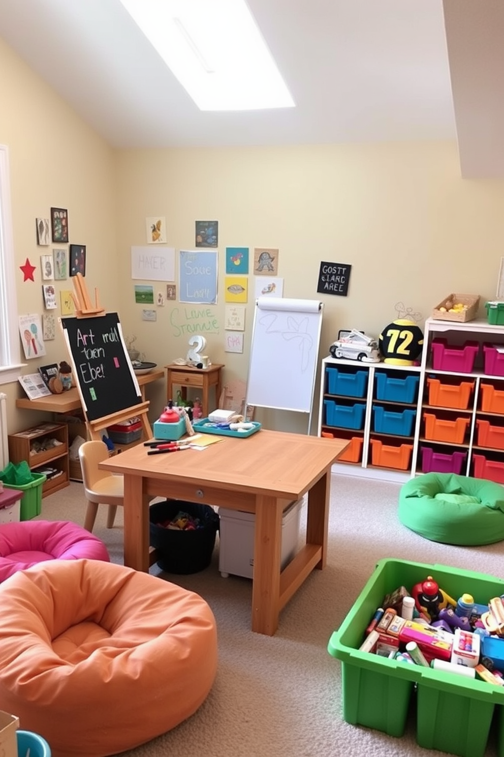 A vibrant and inviting art station is set up in a well-lit corner of the room. The walls are adorned with colorful artwork, and a large easel stands next to a sturdy wooden table covered with various art supplies. The basement playroom features a cozy seating area with plush bean bags and a soft rug. Brightly colored storage bins are neatly organized, filled with toys and games to encourage creativity and play.