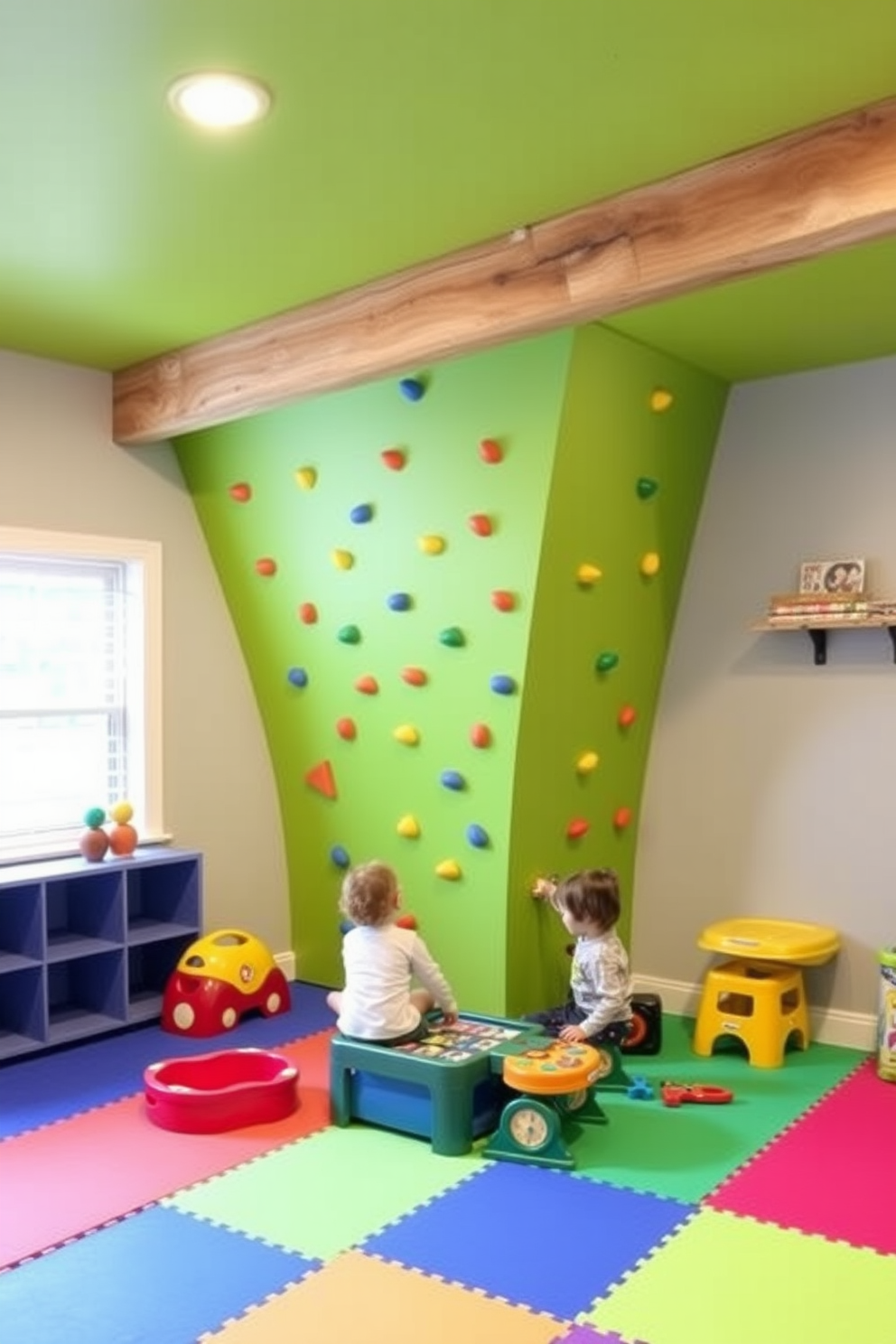 A vibrant basement playroom designed for active play features a mini climbing wall that stretches across one wall, encouraging children to engage in physical activity. The room is filled with colorful foam mats for safety, and various toys and games are arranged to create an inviting and fun atmosphere.