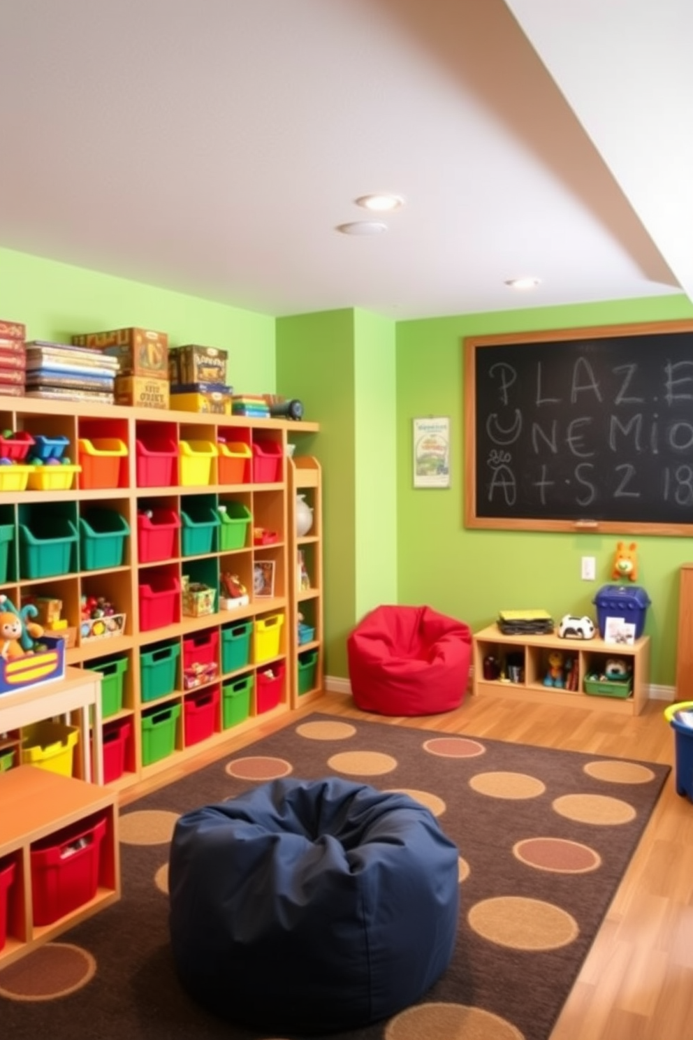 A vibrant basement playroom designed for children with ample storage solutions for toys and games. The room features colorful shelving units filled with bins for easy organization and a cozy reading nook with bean bags. Walls are painted in cheerful primary colors, creating an inviting atmosphere. A large rug covers the floor, providing a soft area for play, while a chalkboard wall offers a creative outlet for drawing and games.