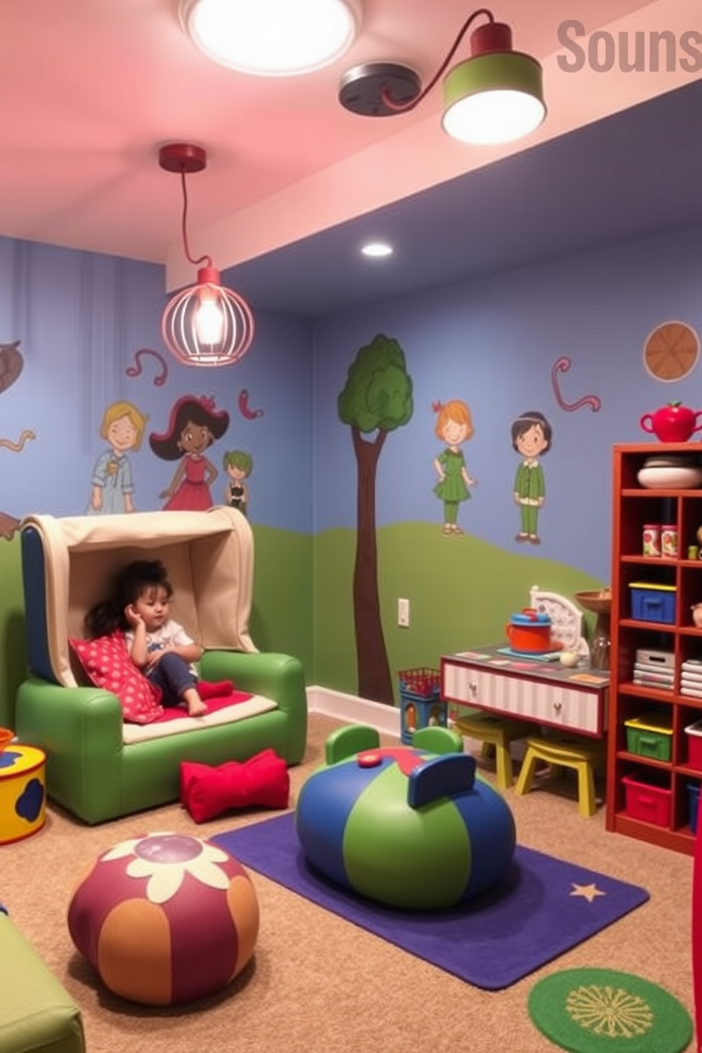 Create a whimsical basement playroom inspired by beloved characters. The walls are painted in bright colors featuring murals of the characters, and there are themed furniture pieces like a cozy reading nook shaped like a book and a play area with soft mats and character-themed toys. Incorporate playful lighting with hanging fixtures that resemble elements from the characters' worlds. Add a dedicated craft corner with storage for art supplies, ensuring a fun and functional space for creativity.