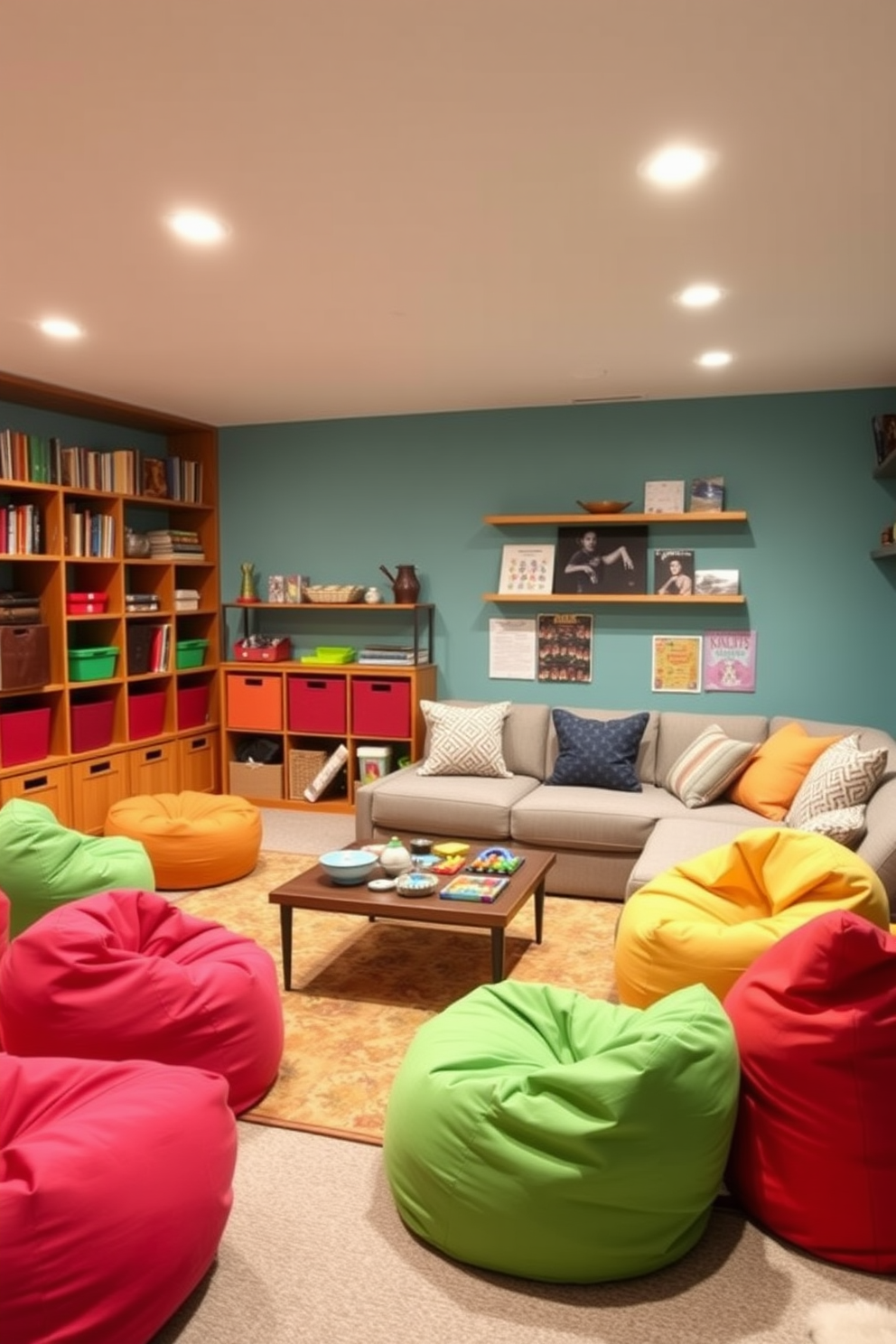 A vibrant basement playroom filled with multifunctional furniture designed for space saving. A large sectional sofa doubles as a bed for guests, and a coffee table features built-in storage for toys and games. Brightly colored bean bags provide comfortable seating that can be easily moved around. Wall-mounted shelves display books and art supplies, keeping the area organized and inviting.