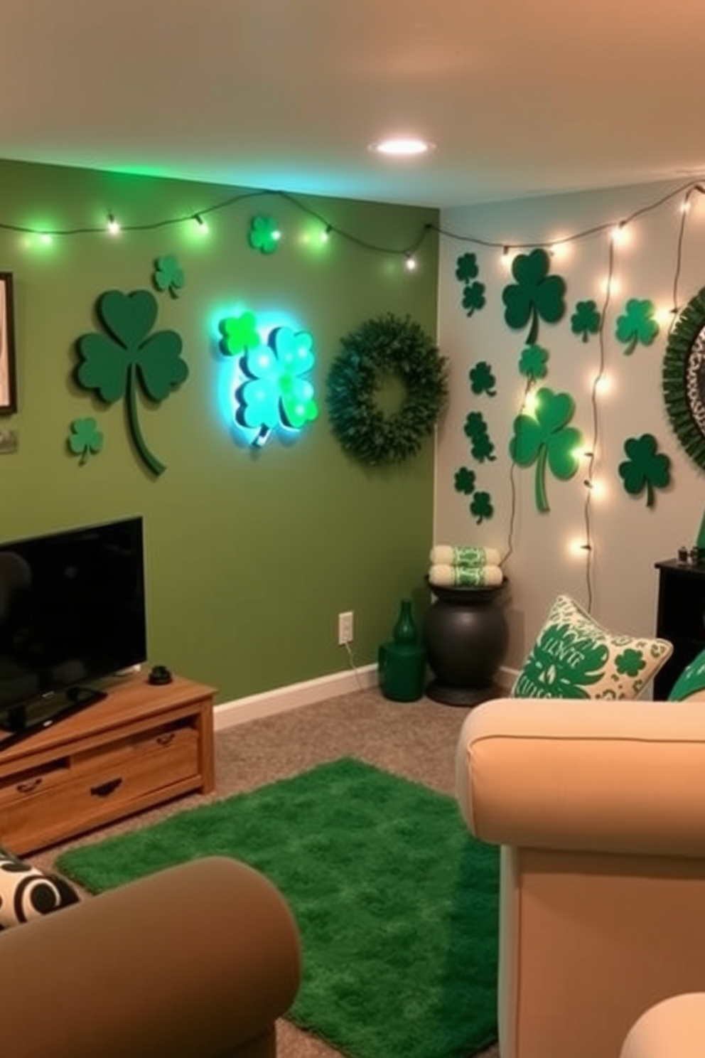 A cozy basement space decorated for St. Patrick's Day features green shamrock wall art that adds a festive touch to the room. The walls are adorned with various shades of green and complemented by string lights that create a warm, inviting atmosphere.