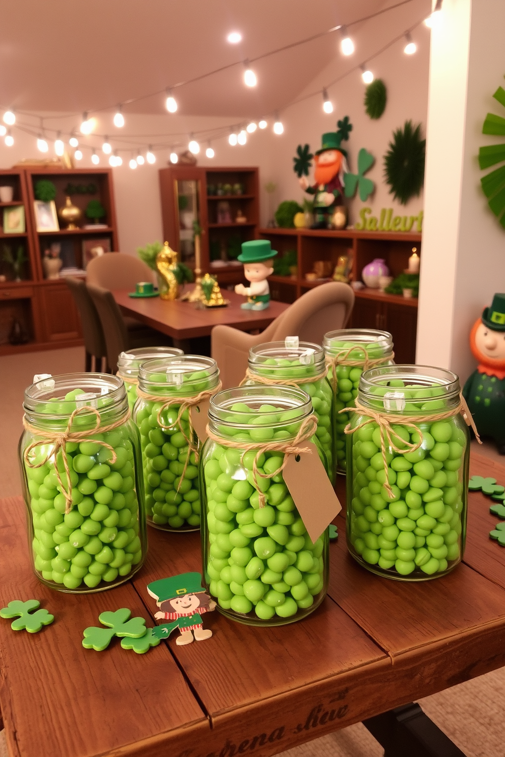 Mason jars filled with vibrant green treats are arranged on a rustic wooden table. The jars are adorned with twine and small tags, adding a charming touch to the festive St. Patrick's Day decor. The basement is transformed into a cozy gathering space with green and gold accents. String lights hang overhead, illuminating a display of shamrocks and playful leprechaun figurines.