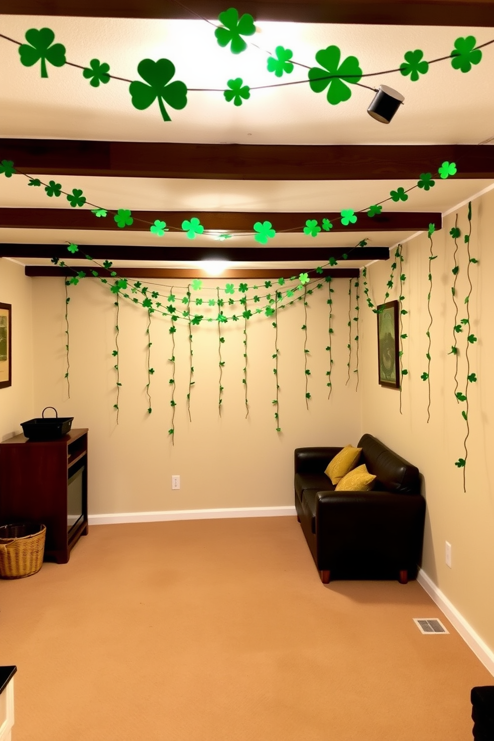 A cozy basement setting adorned with DIY shamrock garlands gracefully hanging from the ceiling. The walls are painted in a soft cream color, and the floor is covered with a warm, plush carpet to create an inviting atmosphere for St. Patrick's Day celebrations.