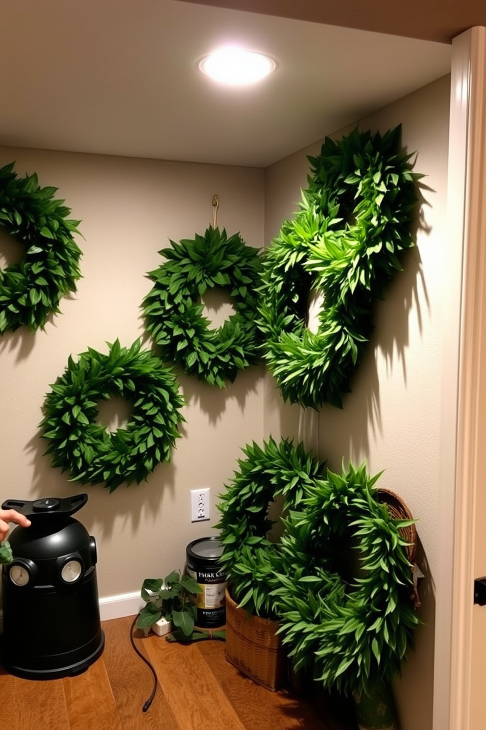 A cozy basement space adorned with wreaths made of lush green foliage. The wreaths hang on the walls, adding a touch of nature and celebration for St. Patrick's Day.