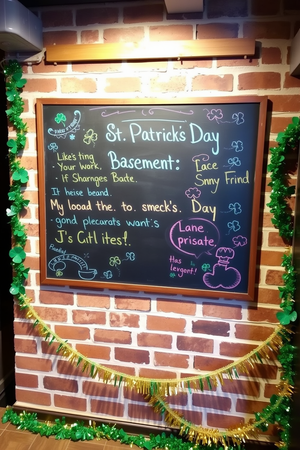 A large chalkboard is mounted on a brick wall in the basement, adorned with colorful chalk drawings and festive St. Patrick's Day messages. Surrounding the chalkboard, green and gold decorations such as shamrocks and garlands create a cheerful and inviting atmosphere.