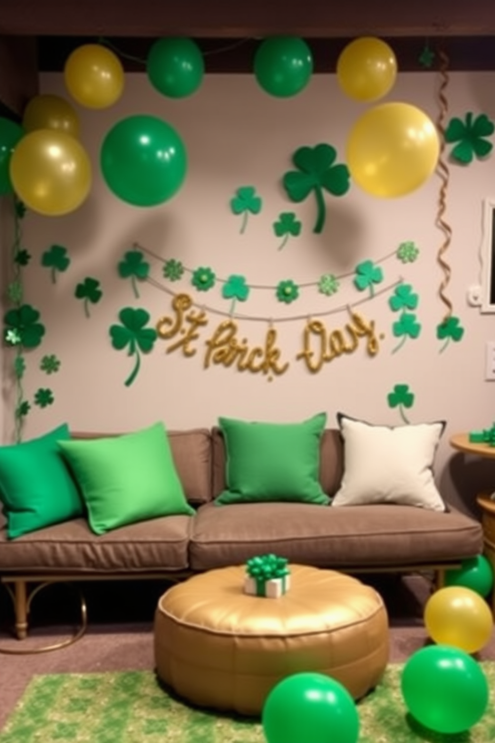 Create a festive basement setting for St. Patrick's Day. Incorporate green and gold balloons as accents throughout the space. Adorn the walls with shamrock-themed decorations and hang garlands made of green paper. Arrange a cozy seating area with cushions in shades of green and gold to enhance the celebratory atmosphere.