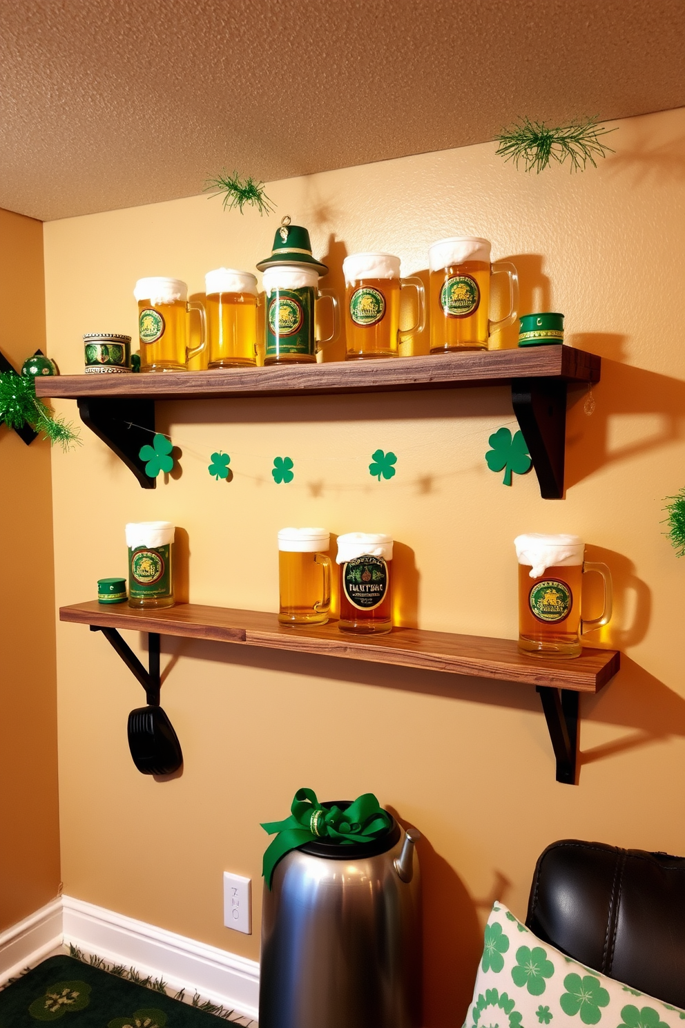 A cozy basement setting adorned for St. Patrick's Day features decorative beer mugs artfully displayed on a rustic wooden shelf. The walls are painted in a warm beige tone, and festive green and gold accents enhance the cheerful atmosphere.