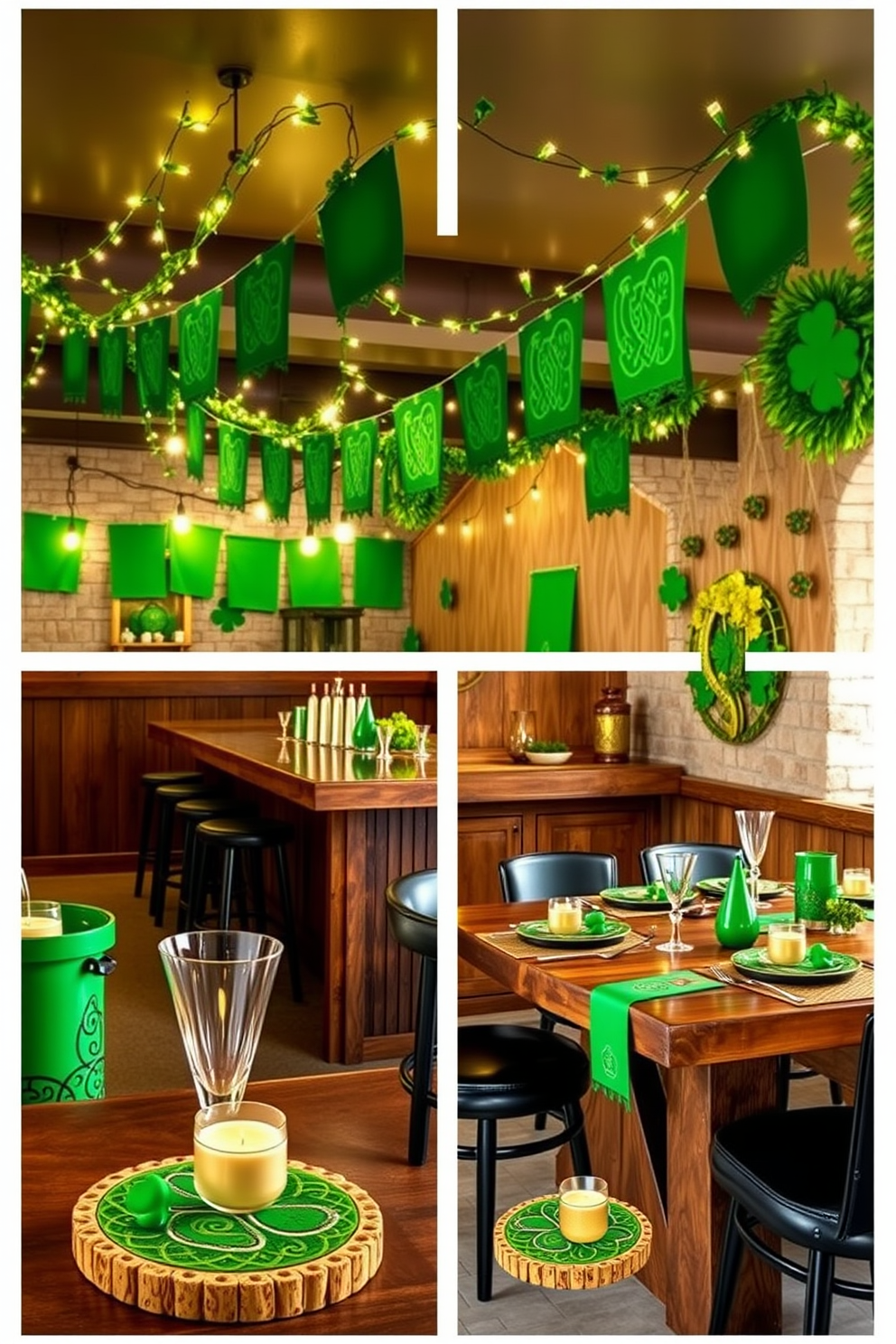 Create a set of Irish themed coasters for drinks featuring intricate Celtic knot designs and vibrant green hues. Each coaster should be made of durable cork with a glossy finish, showcasing symbols of Irish heritage like shamrocks and harps. Design a cozy basement space adorned with St. Patrick's Day decorations that include hanging green banners and twinkling fairy lights. Incorporate a rustic wooden bar area with stools, complemented by festive table settings featuring gold accents and themed centerpieces.