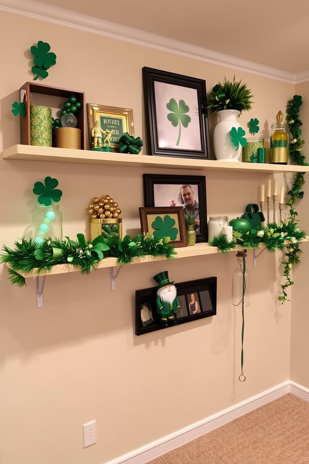 A cozy basement setting featuring wall-mounted shelves adorned with seasonal decor for St. Patrick's Day. The shelves are filled with green and gold accents, including shamrocks, festive garlands, and charming leprechaun figurines.