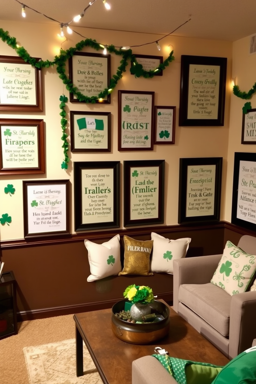 A cozy basement space adorned with framed Irish quotes and sayings that celebrate the spirit of St. Patrick's Day. The walls are painted in a soft cream color, and the frames are made of dark wood to add warmth and contrast. Festive decorations include green and gold accents, such as shamrock garlands draped along the walls and a cheerful centerpiece on the coffee table. The lighting is warm and inviting, with string lights creating a magical atmosphere for gatherings.