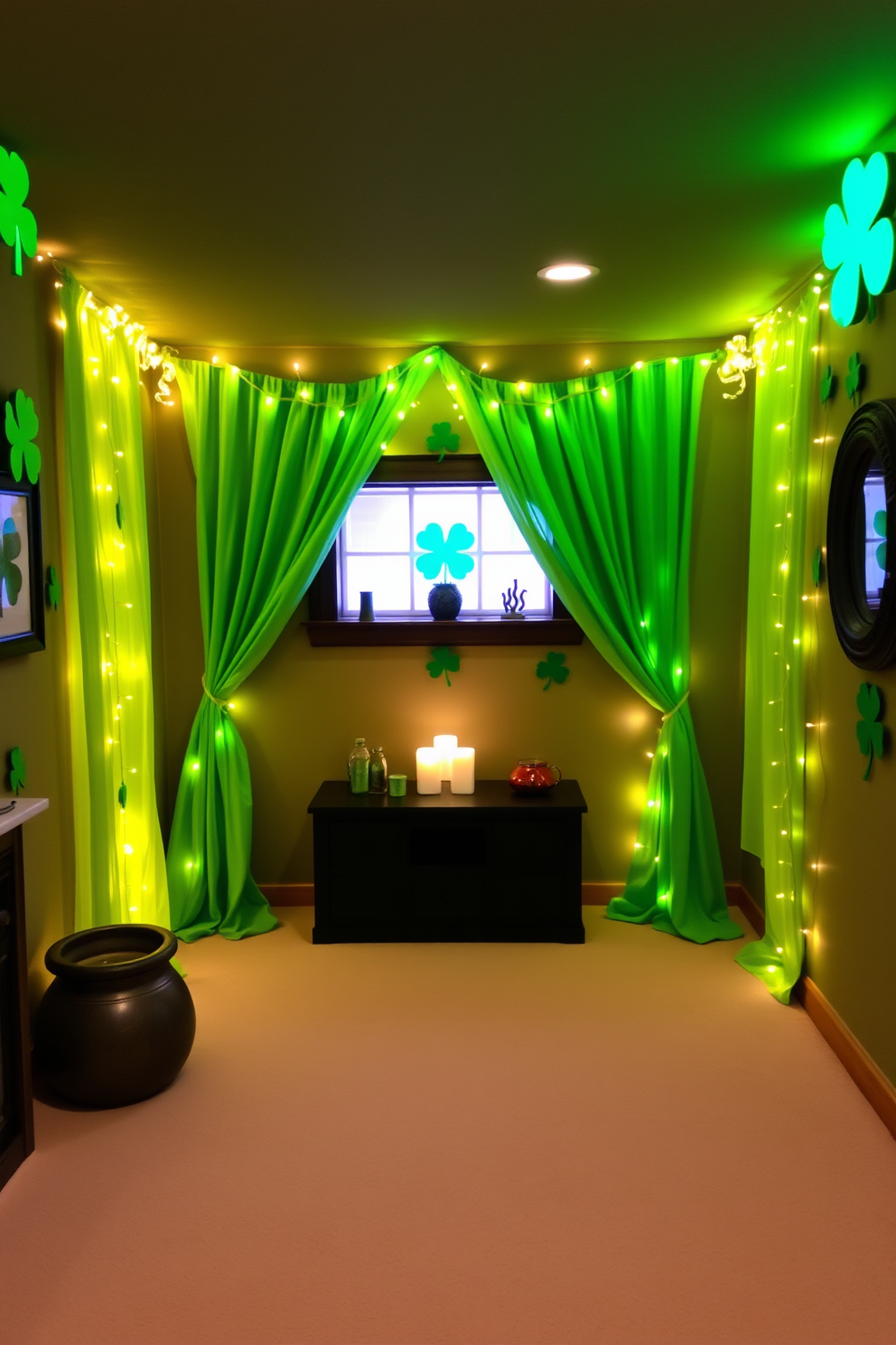 A cozy basement decorated for St. Patrick's Day features vibrant green curtains that enhance the ambiance. The walls are adorned with festive shamrock decorations and twinkling fairy lights to create a warm and inviting atmosphere.