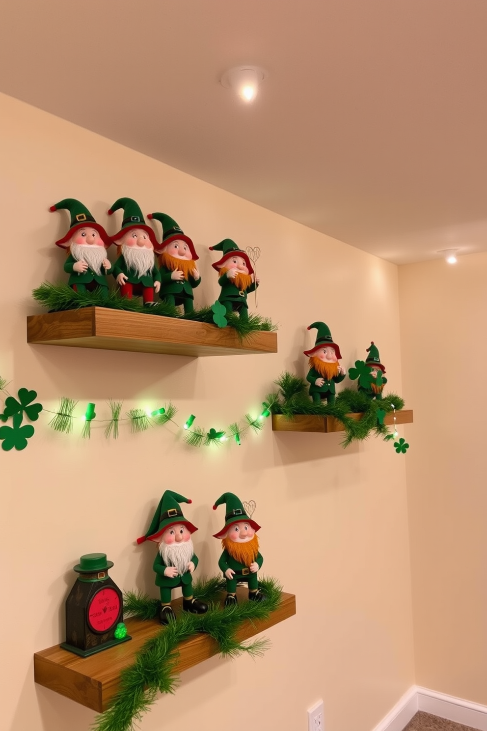 Leprechaun figurines are playfully arranged on wooden shelves, each one showcasing a unique expression and vibrant colors. The shelves are adorned with green garlands and shamrock decorations, creating a festive atmosphere for St. Patrick's Day. In the basement, the walls are painted in a soft cream hue, providing a warm backdrop for the cheerful decor. Twinkling fairy lights are strung along the ceiling, enhancing the magical vibe of the space.