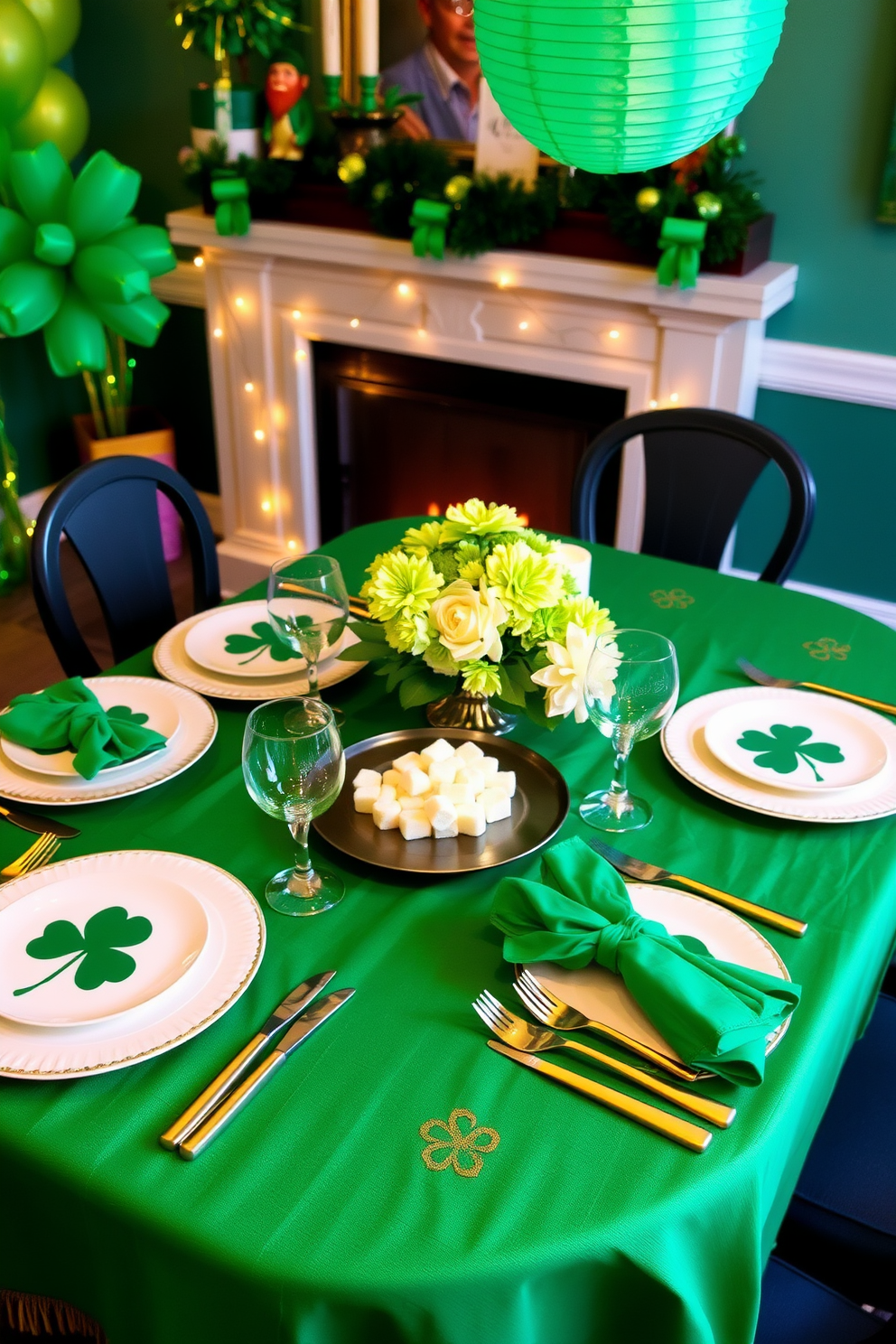 A festive St. Patrick's Day themed table setting features a vibrant green tablecloth adorned with gold accents. On the table, there are white dinner plates with shamrock designs and gold flatware, complemented by green napkins folded into clovers. For basement St. Patrick's Day decorating ideas, hang string lights in green and gold to create a warm atmosphere. Add green balloons and paper lanterns to enhance the celebratory feel, while incorporating Irish-themed decorations like leprechauns and pots of gold.