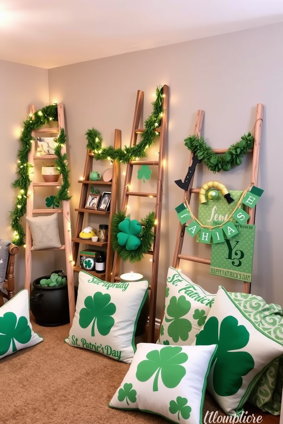 A cozy basement setting featuring decorative ladders creatively arranged for hanging various decor items. The walls are painted in a soft gray, and the floor is covered with a warm area rug to add comfort. For St. Patrick's Day, the ladders are adorned with green garlands, twinkling fairy lights, and festive banners. A collection of shamrock-themed cushions and throws are placed nearby to enhance the celebratory atmosphere.