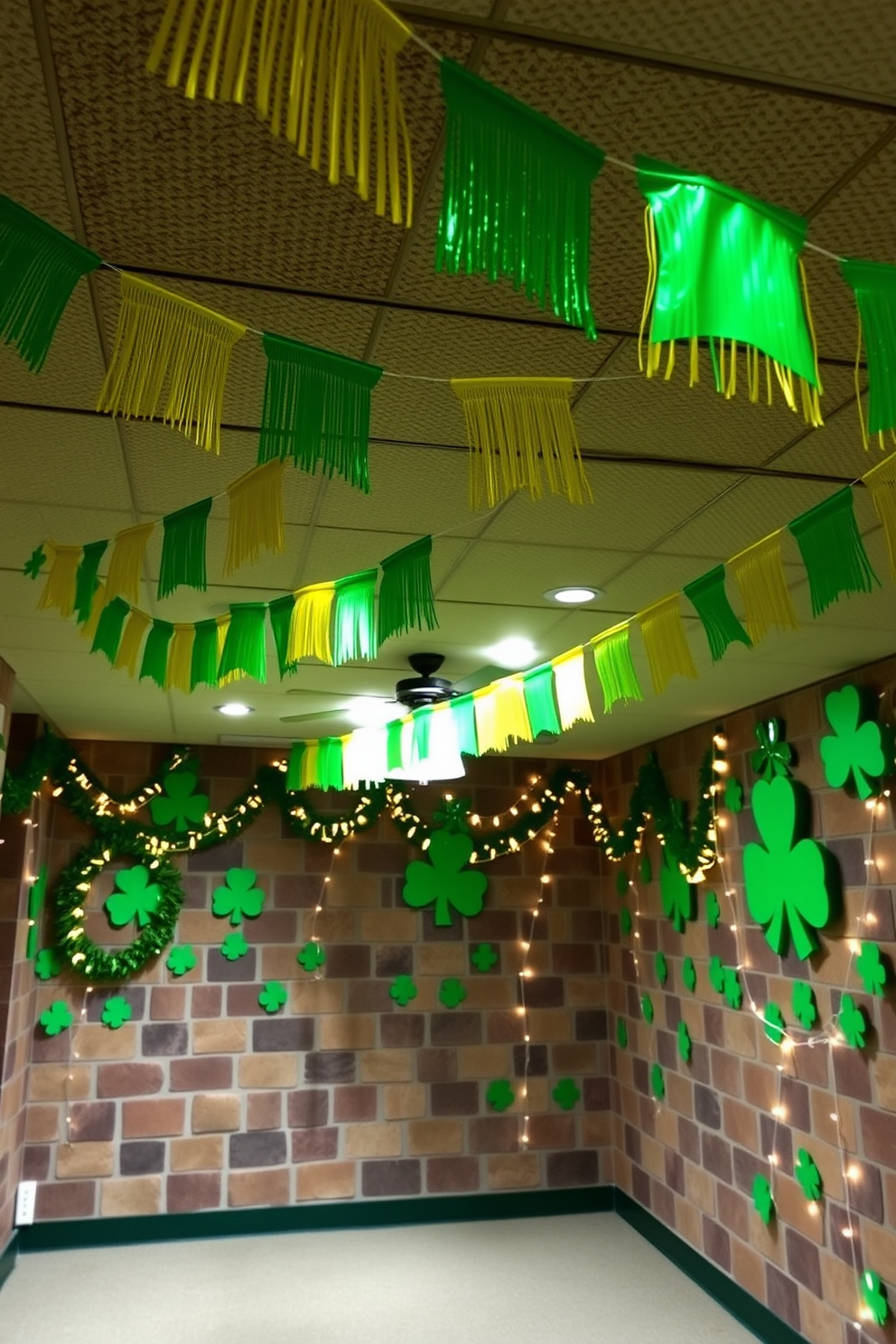 A vibrant basement decorated for St. Patrick's Day features colorful green and gold banners hanging from the ceiling. The walls are adorned with festive shamrock decorations and twinkling fairy lights, creating a lively and inviting atmosphere.